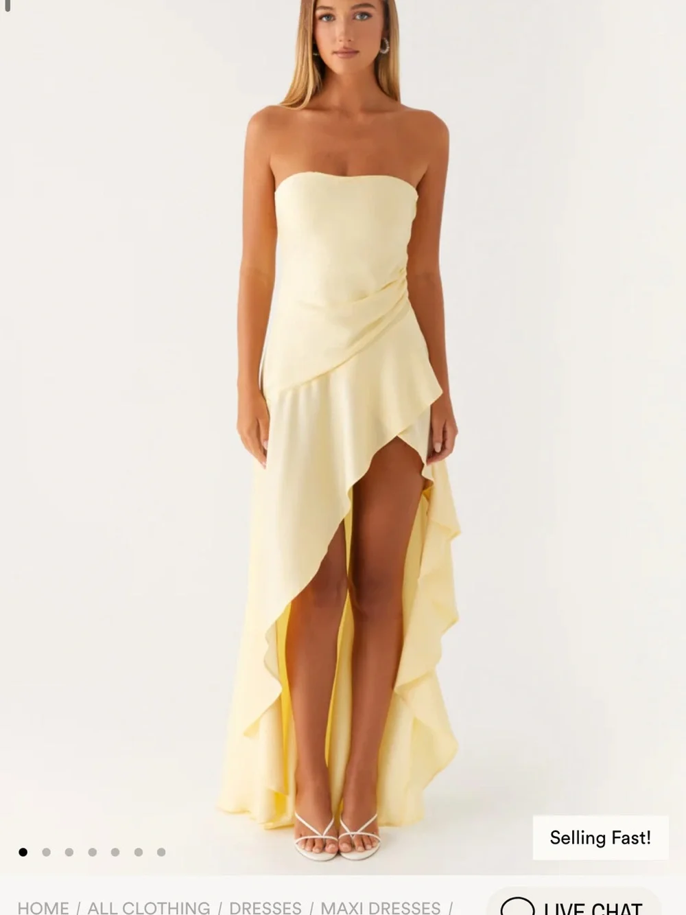 Peppermayo Strapless Pale Yellow High-Low Ruffle Maxi Dress - Picture 1 of 5